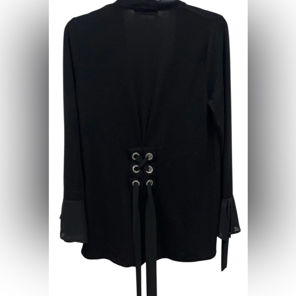 August Silk, Draped Open Front Black Flowing Cardigan Sheer Bell Cuffs. Large - Picture 9 of 12